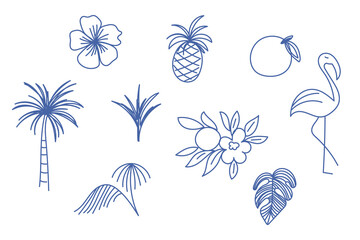 Doodle Tropical Exotic Fruit, Flamingo Bird and Palm Tree Outline Contour Icon Set. Funny Cute Decorative Simple Symbol Silhouette. Travel Resort Party Card Decoration.