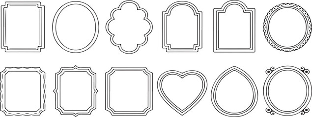 Collection of various decorative black and white outlined frames in different shapes