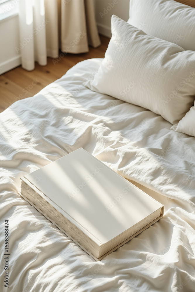 Poster a book rests on a neatly made bed with soft, natural light creating shadows across the linen sheets 