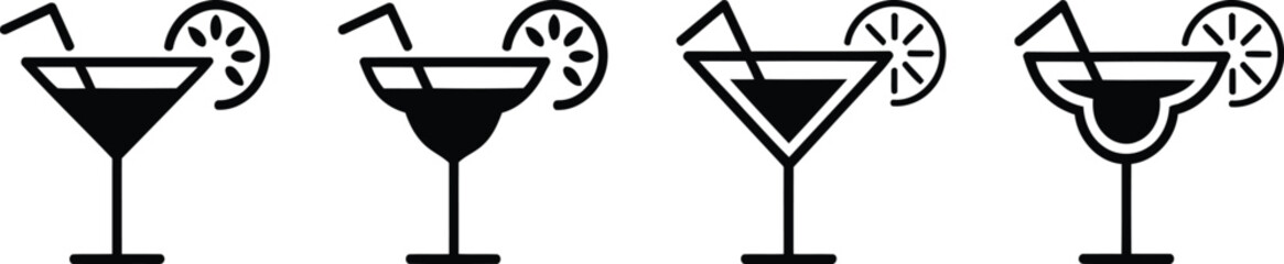 Black Cocktail Drink Icons with Citrus and Straws