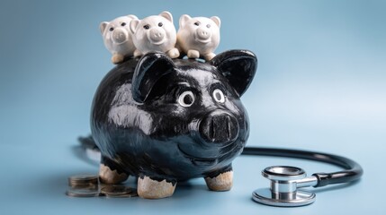 Black piggy bank with small piggy figurines and coins, next to a stethoscope.