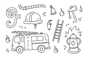 Firefighter's Tools: A captivating doodle style illustration of essential firefighter tools, perfect for projects related to firefighting, safety, or community service.