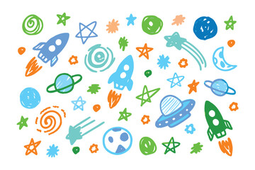 Cosmic Doodle: A whimsical illustration bursts with vibrant, childlike doodles of rockets, stars, planets, and celestial bodies, all rendered in a playful hand-drawn style.