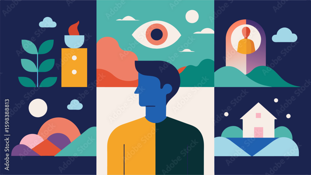 Poster a minimalist collage using simple images and colors to convey a sense of introspection and selfaware