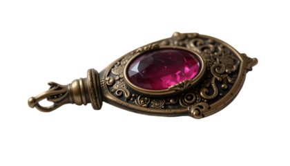 Antique ruby pendant vintage jewelry ornate gold filigree gem stone necklace charm treasure accessory design isolated on tranparent background