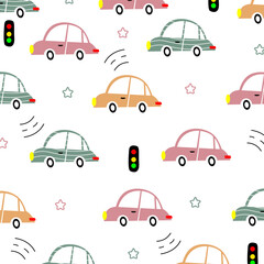 pattern cartoon cars seamless design vector for kids apparel fabric fullprint