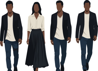 Obraz premium Flat Design Diverse Group of People Walking in Smart Casual Attire Vector Illustration isolated PNG with Transparent Background