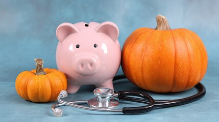 Piggy bank, pumpkin, and stethoscope on a light blue background.