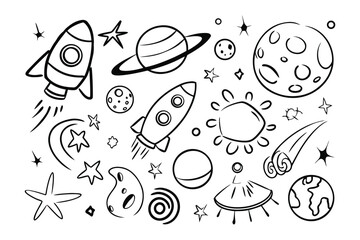 Celestial Doodle: A collection of hand-drawn celestial elements, including rockets, stars, planets, and other space-themed elements, perfect for playful designs.