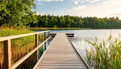 Fototapeta premium Peaceful wooden pier extending into a serene lake