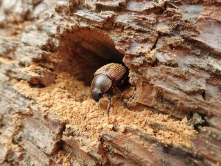 A brown beetle emerges from a hole in a tree trunk, surrounded by sawdust and bark
