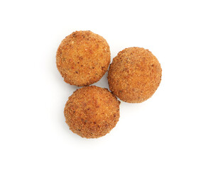Delicious fried croquette balls isolated on white, top view