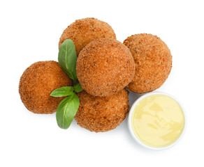 Delicious fried croquette balls, sauce and basil isolated on white, top view