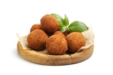 Delicious fried croquette balls and basil isolated on white