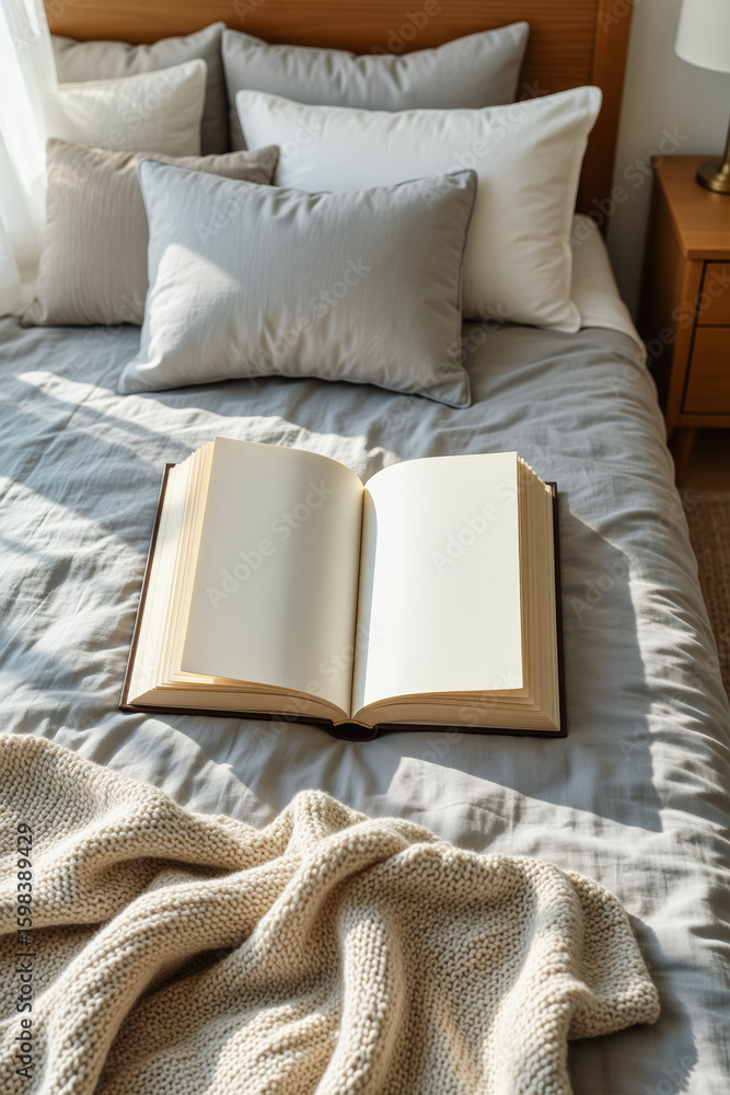 Poster an open book rests on a neatly made bed, bathed in warm sunlight and complemented by soft pillows an