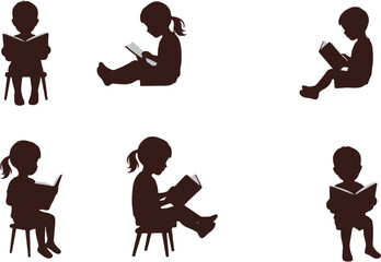Vector art of a set of children silhouettes reading books while sitting on chairs or the floor, isolated on a white background