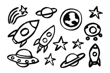 Cosmic Doodle Collection: A whimsical illustration featuring a collection of cosmic doodles, including stars, planets, rockets, and a UFO. 