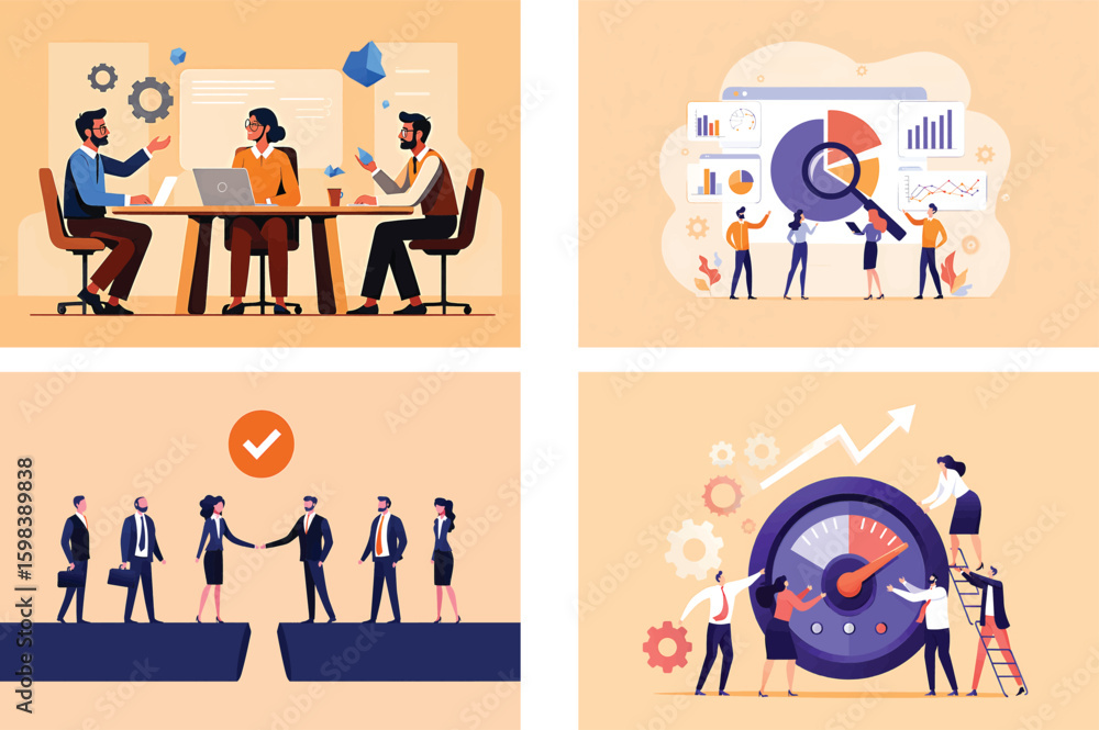Poster a set of vector illustrations showing business concepts like teamwork, analysis, and successful part
