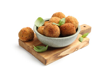 Delicious fried croquette balls with basil in bowl isolated on white
