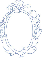 Blue whimsical line art frame. Oval decorative sea siren summer border with wavy, whimsy, Mediterranean, coastal style. Cute coquette girly rococo summer in trendy mermaid core style