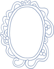 Blue whimsical line art frame. Oval decorative sea siren summer border with wavy, whimsy, Mediterranean, coastal style. Cute coquette girly rococo summer in trendy mermaid core style