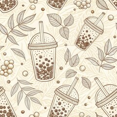 Seamless Hand Drawn Bubble Tea Pattern Background.