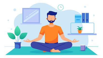 A man following a virtual meditation and yoga routine his avatar peacefully practicing poses and breathing exercises under the guidance of a serene. Vector illustration