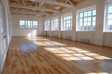 An empty multipurpose hall. wooden floor and white wall. windows with natural sunlight filtering through.