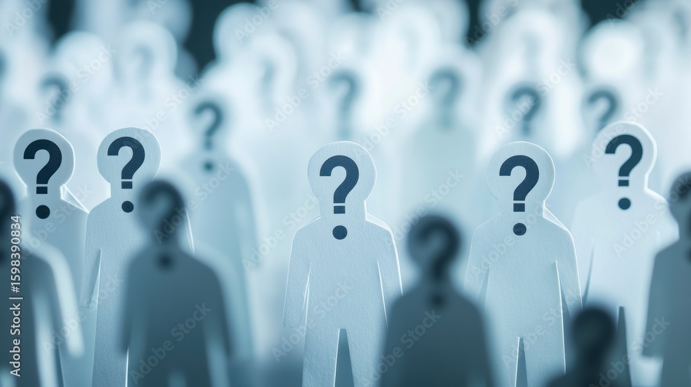 Poster crowd of anonymous figures with question marks for heads, symbolizing uncertainty and anonymity.
