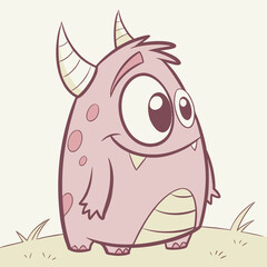 A cheerful pink monster with one eye waving next to a rainbow on a grassy hill under fluffy clouds