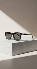 Sleek, Dark Sunglasses Resting on a Modern Concrete Display