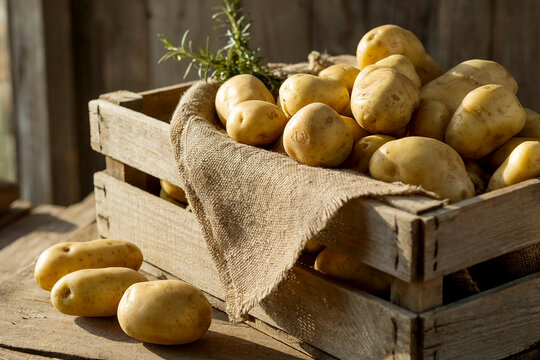 Freshly harvested potatoes in a rustic wooden crate