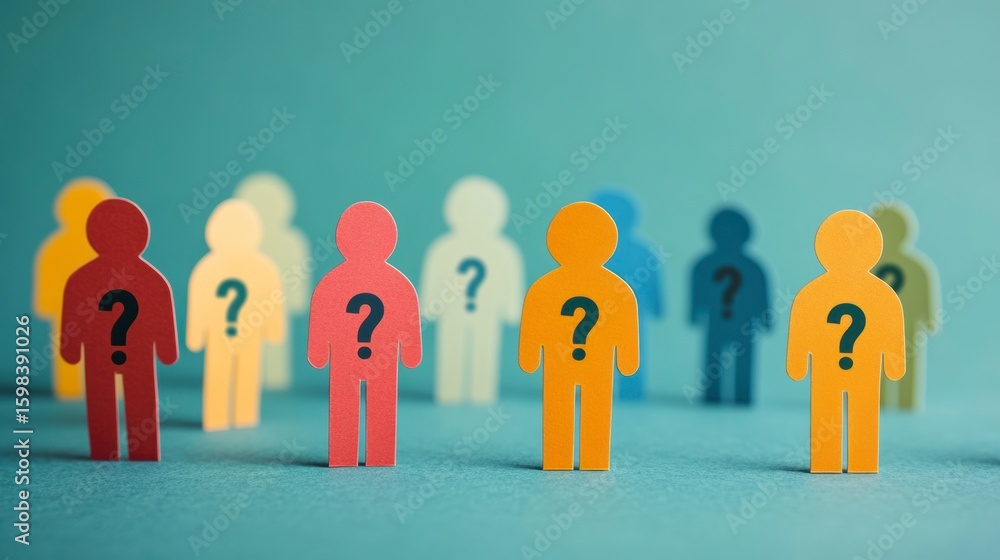 Poster colorful paper figures with question marks represent uncertainty, ambiguity, or unknown factors in a