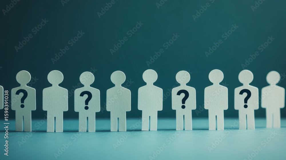 Poster paper figures in a row, some with question marks, representing uncertainty or identity.