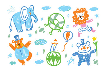 Playful Circus Animal's: Hand-drawn cartoon illustrations of whimsical circus animal in a lighthearted scene, created in a crayon style to evoke childlike wonder.