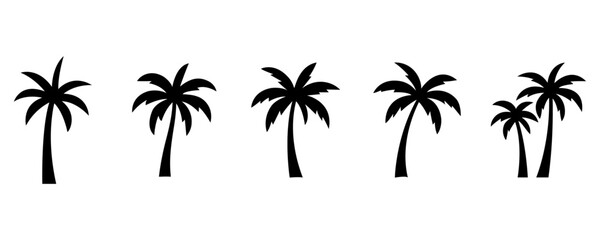 Minimalist palm tree silhouettes collection isolated on transparent background, tropical summer vector illustration, simple palm icons for beach, vacation, travel, nature, paradise, and decoration