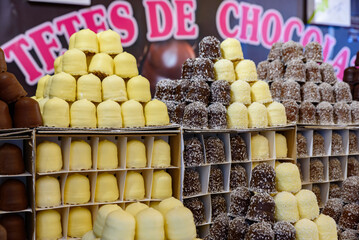 Food and sweet stalls in 2018 Christmas market in Tuileries Gardens, Paris, France