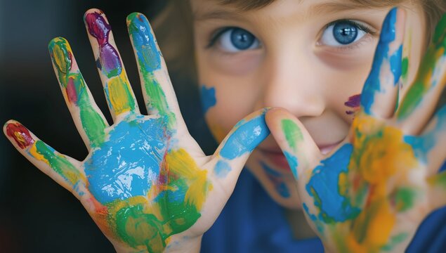 Portrait of really happy little cute child girl looking throught fingers. Selective focus on eyes. Colorful painted hands