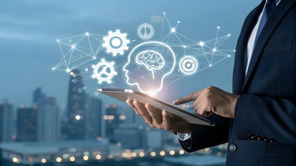 Businessman using smartphone with glowing artificial intelligence and technology network overlay against cityscape background