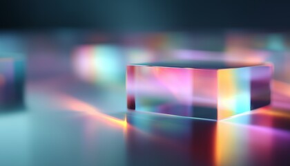 Abstract image showing colorful glass cubes with vibrant reflections and blurred background, creating a futuristic and artistic atmosphere.