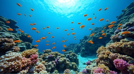 Naklejka premium Vibrant Coral Reef with Tropical Fish Underwater Scene