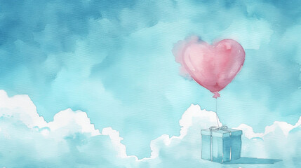 A red hot air balloon gently rising through fluffy clouds in a sunlit blue sky, symbolizing freedom and adventure