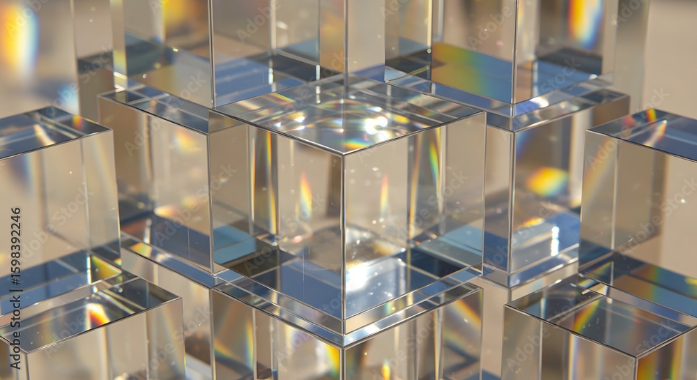 Poster abstract composition of clear cubes creating light effects. rainbow colored reflections on cube surf