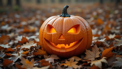 Halloween pumpkin jack o lantern carved with scary face on autumn leaves background halloween season october