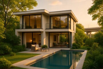 Fototapeta premium Modern House with Pool Surrounded by Lush Greenery Reflecting in the Calm Water at Sunset, Creating a Serene Oasis