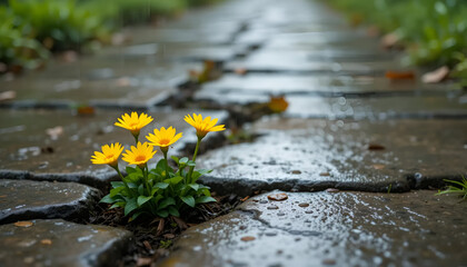 Yellow flowers growing through cracked pavement after rain nature resilience concept photography art