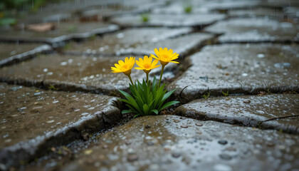 Yellow flowers growing through crack in wet pavement after rain nature resilience beauty wallpaper hd image