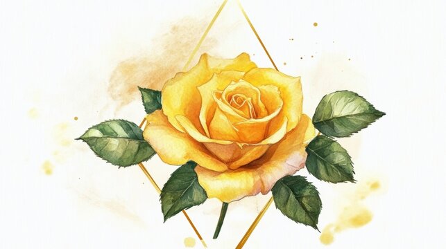 Watercolor yellow rose with golden frame and splatters. - Powered by Adobe