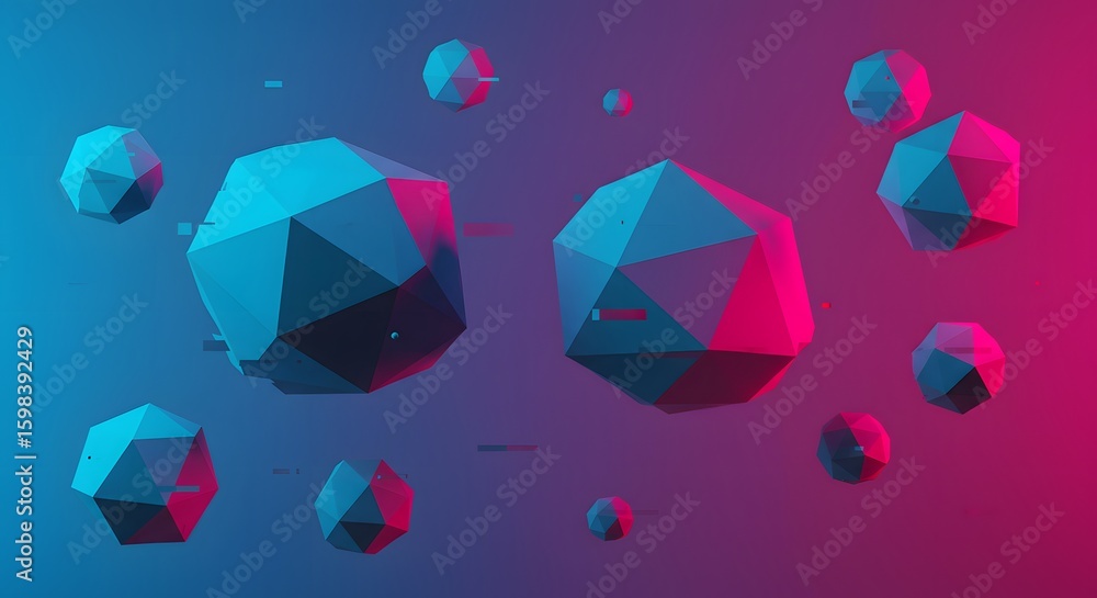 Aufkleber abstract geometric shapes float in a vibrant blue and pink gradient, creating a futuristic compositi
