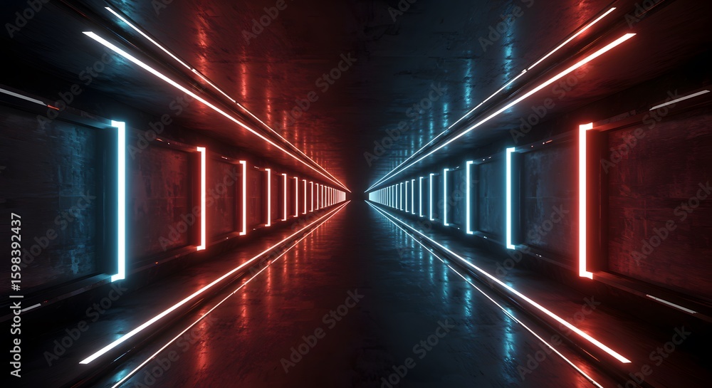 Poster illuminated hallway with a symmetrical design, featuring neon lights and reflective surfaces creatin